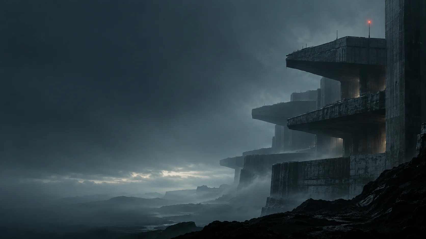 A monumental research structure emerging from petrol-blue fog