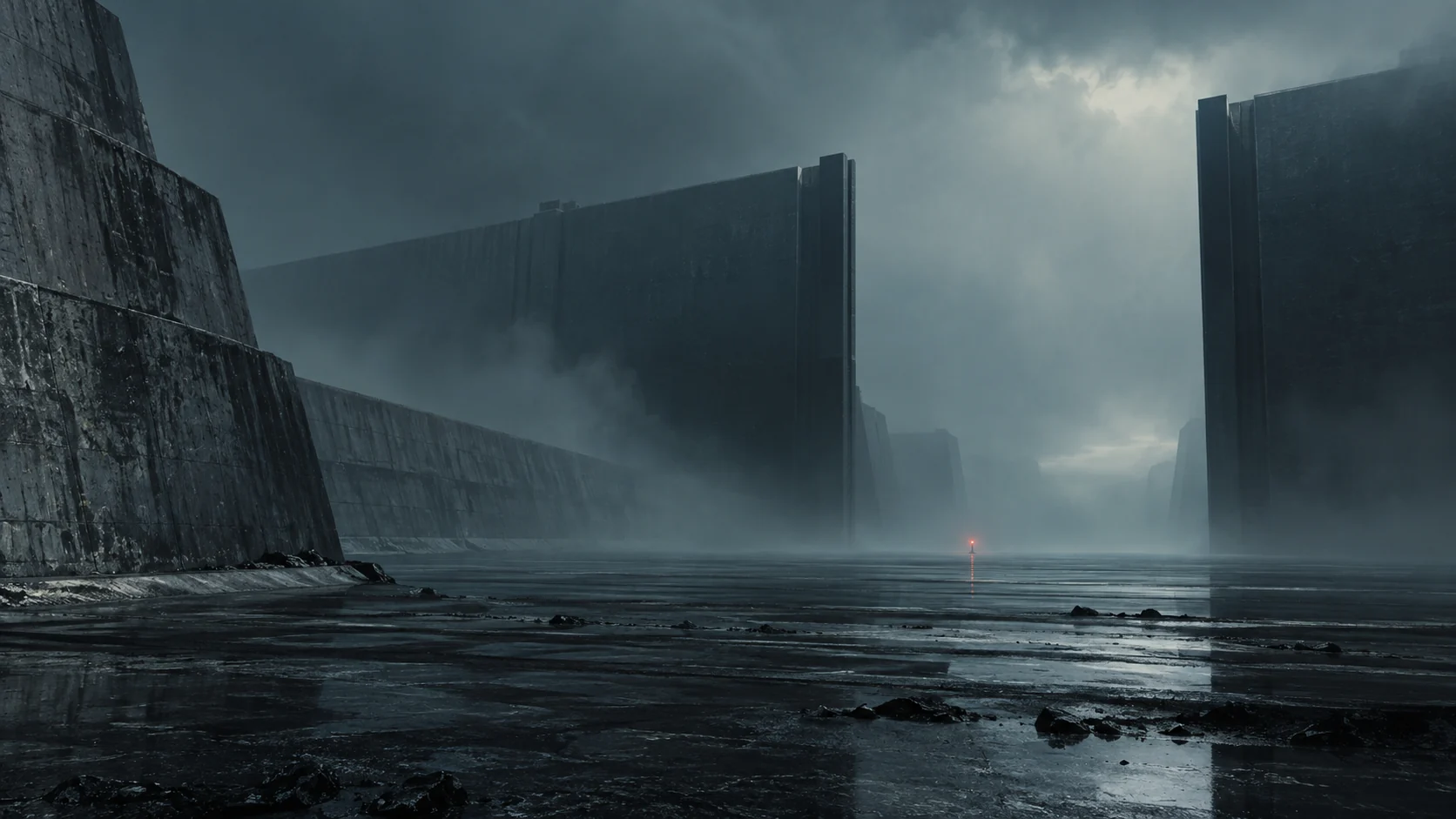 Monumental research walls disappearing into a cold, mist-covered landscape