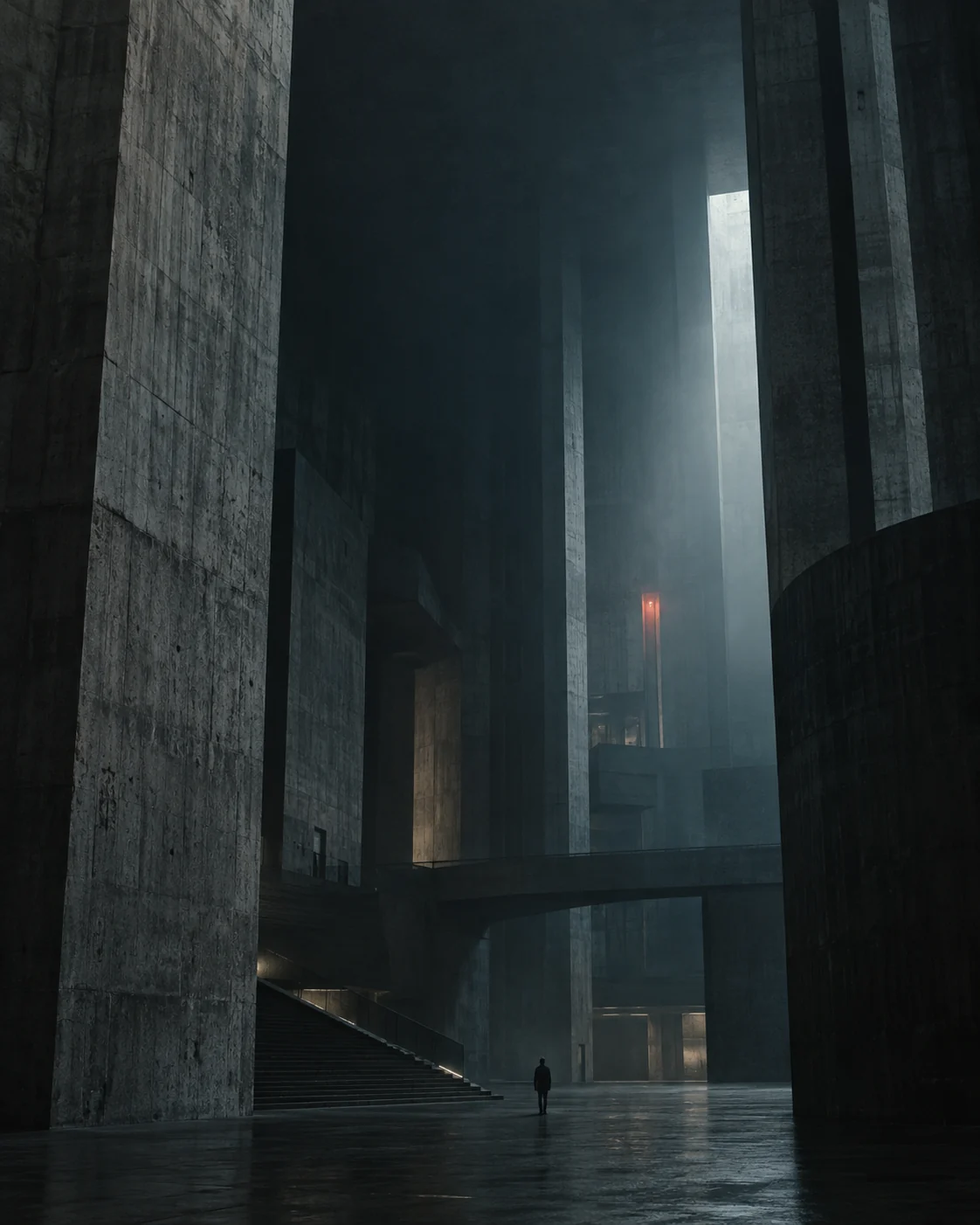 A tiny human silhouette beneath monumental research architecture